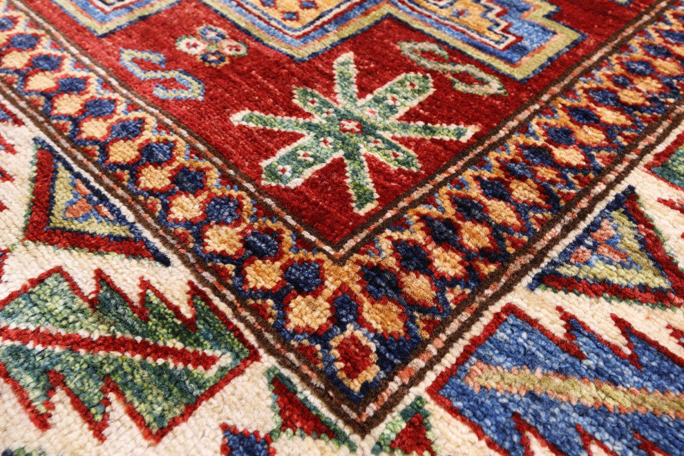 Super Kazak Geometric Handmade Wool Rug 4' 0" X 5' 11" Q10531