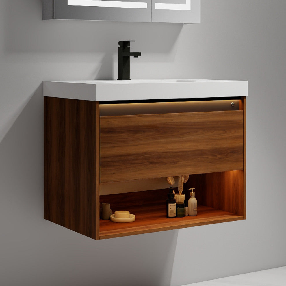Wall Mounted Bathroom Vanity and Sink, Brown Walnut, 30'' Acrylic