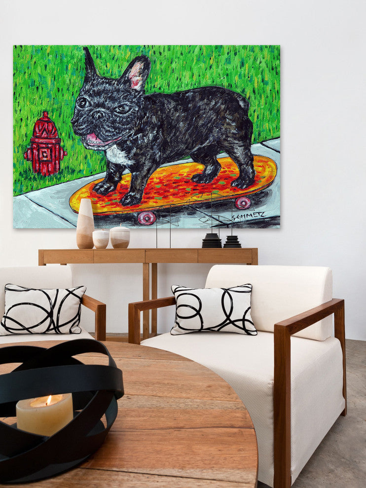 "French Bulldog Skateboarding" Painting Print on Wrapped Canvas, 30"x20"