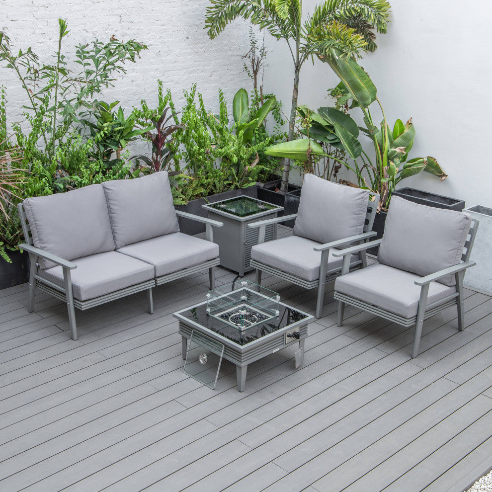 LeisureMod Walbrooke Gray Patio Conversation Set With Fire Pit, Gray
