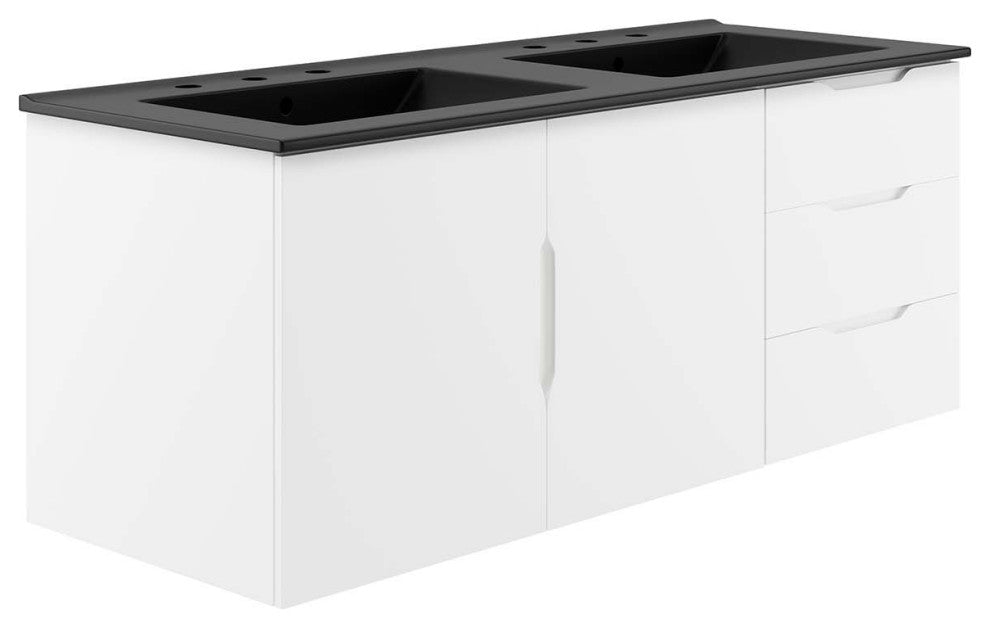 Double Sink Vanity Cabinet, Black White, Ceramic, Modern, Hotel Bathroom