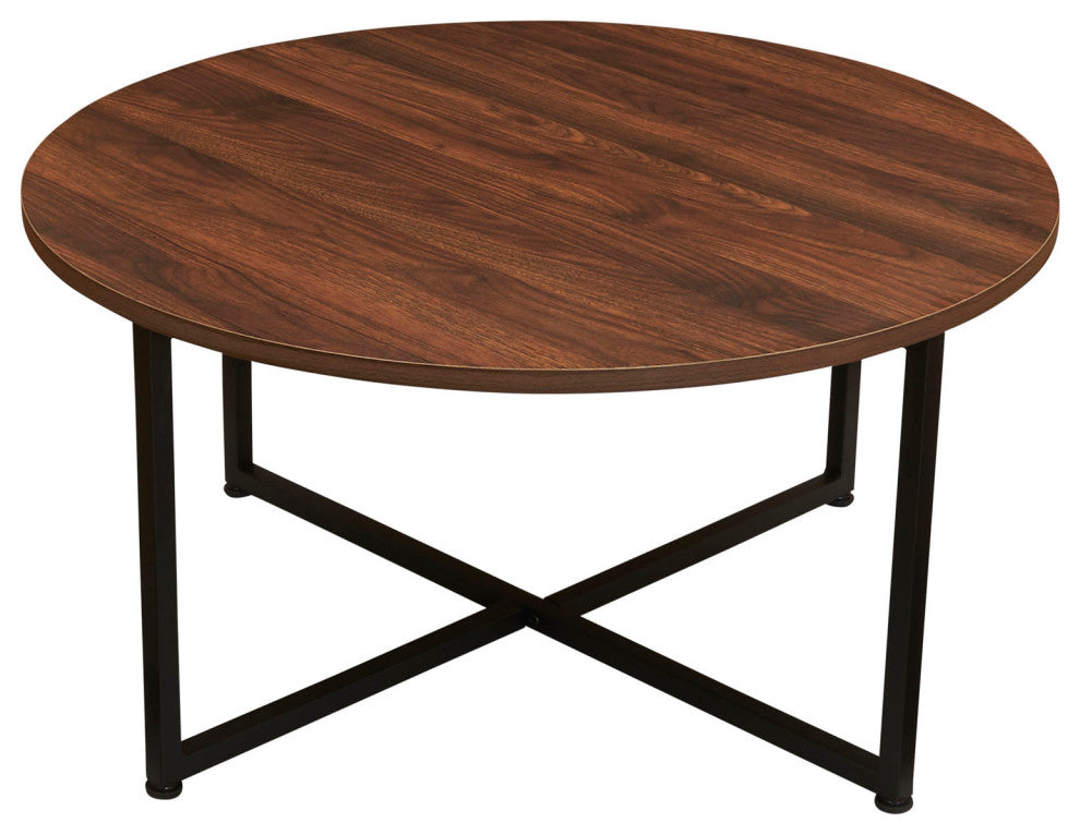 Jamestown Round Coffee Table Mid Century Walnut Wood Grain and Black Metal