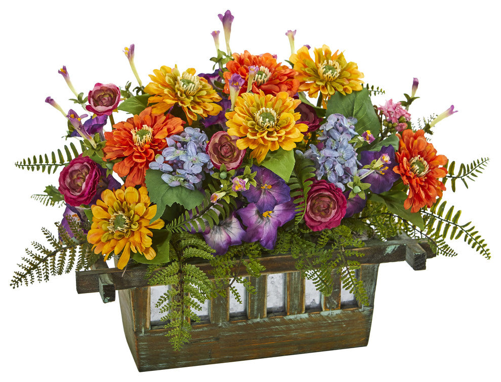 Mixed Floral Artificial Arrangement, Rectangular Wood Planter