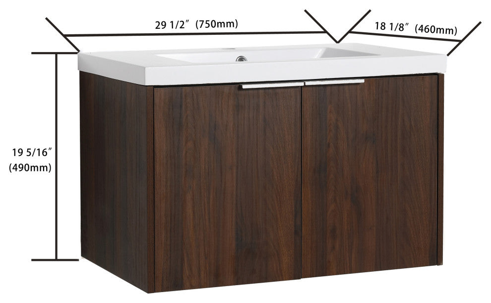 BNK 30" Bathroom Vanity with Resin Sink, Modern Design with Soft Close Doors, California  Walnut