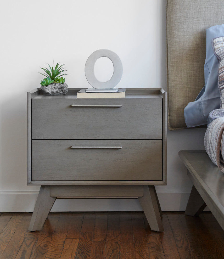 Mid-Century Modern Night Stand, Gray 2-Drawer