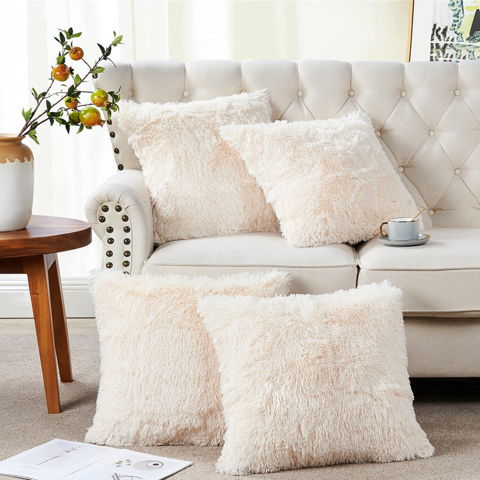 Shaggy Faux Fur Pillow Cover, Ivory, Set of 4, 20"x20"
