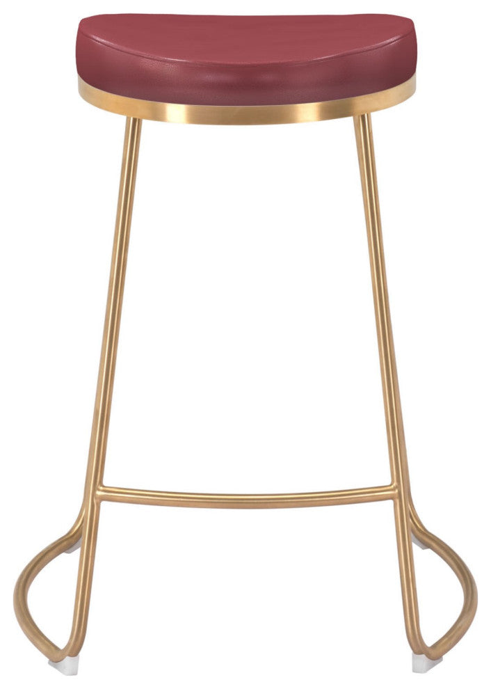 Counter Stool Chair, Set of 2, Faux Vinyl Leather, Steel, Burgundy, Gold, Cafe
