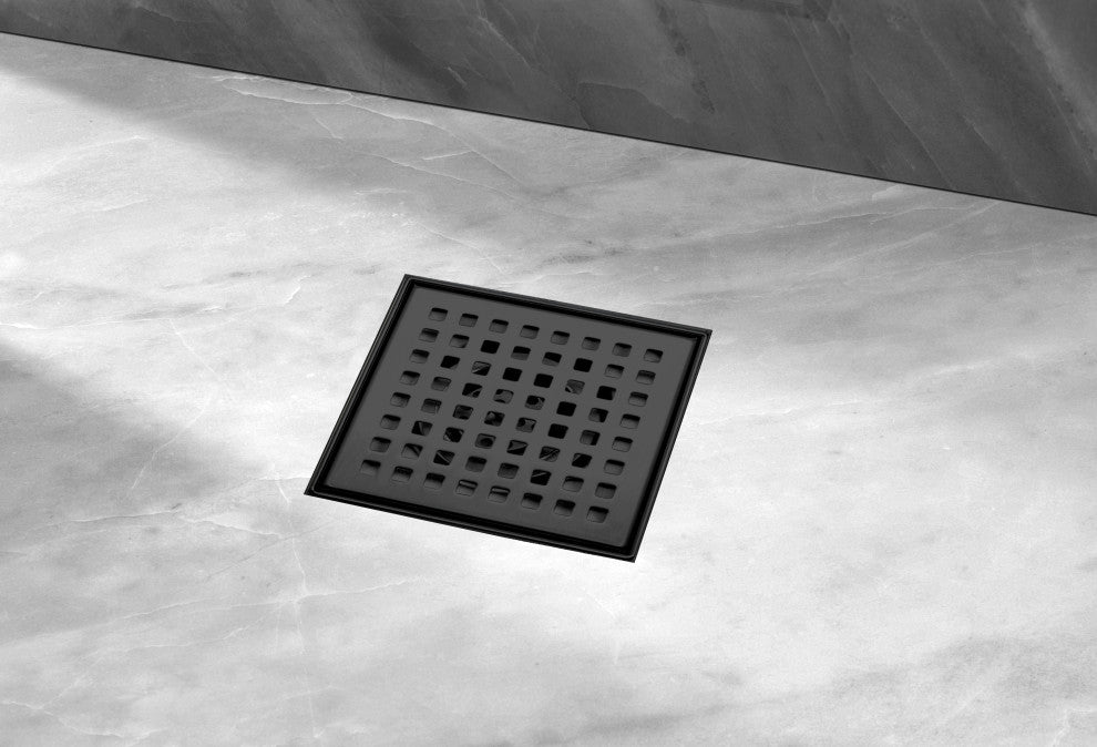 HEATGENE Square Shower Drain With Flat Cover, Matt Black, 6"