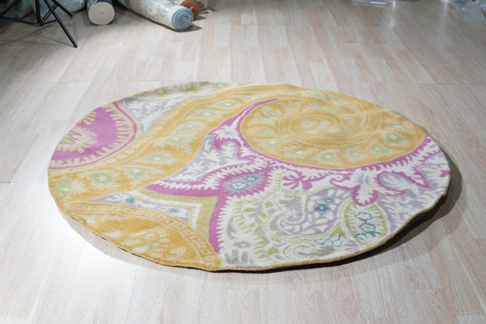 Hand-Tufted Wool Orange Transitional Floral Paisley Rug, 4' Round