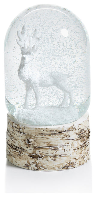 7" Tall Snow Globe Dome on Birch, Moose Sculpture, White and Beige