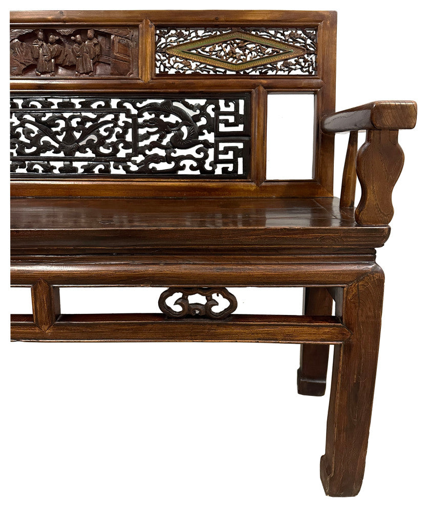 Consigned Late 19th Century Chinese Carved Hall Bench, Love Seat