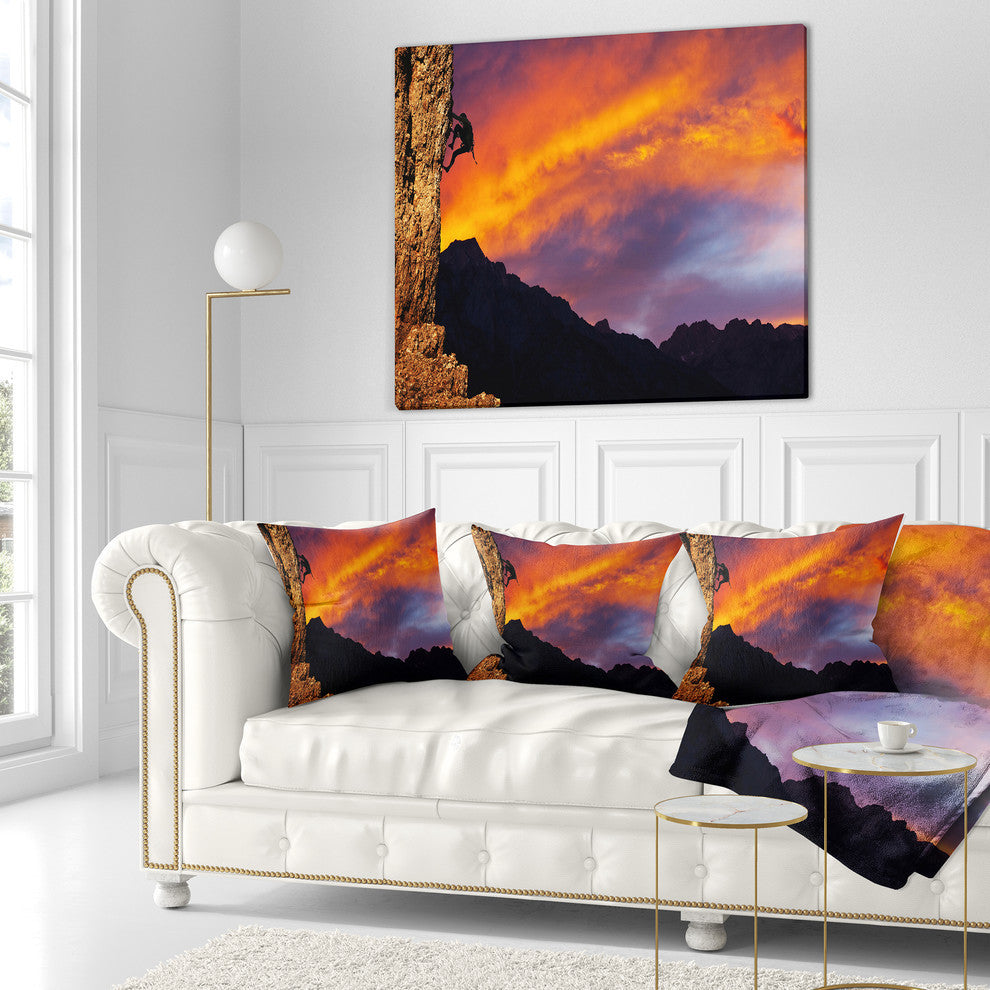 Climber On Sunset Background Landscape Printed Throw Pillow, 16"x16"
