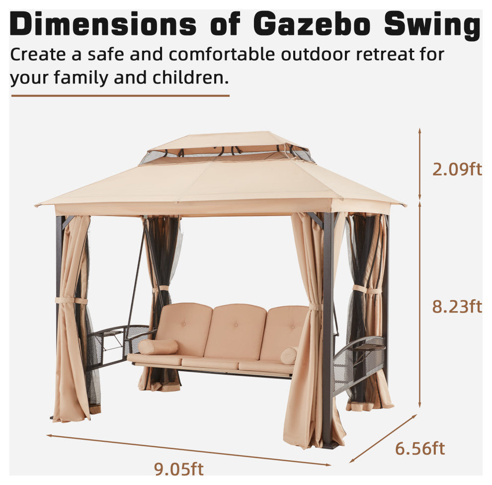 HOMREST 3-Seat Outdoor Porch Swing,Gazebo Swing with Double Tier Canopy(khaki)