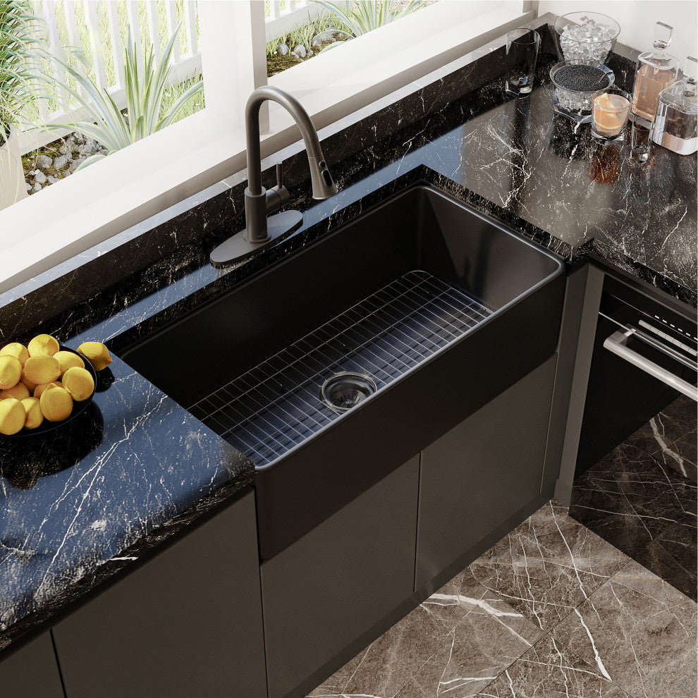 Fireclay Single Bowl Farmhouse Apron Kitchen Sink with Pull Down Kitchen Faucet, 36