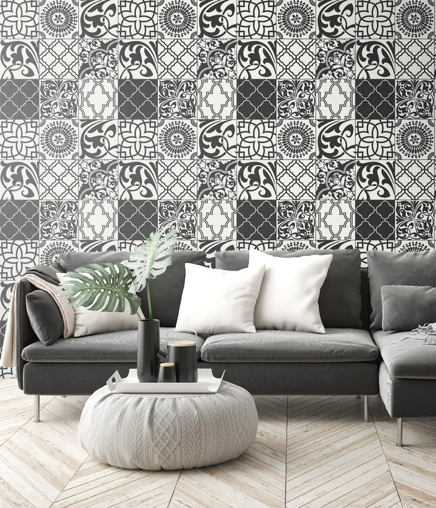 NextWall Black and White Graphic Tile Peel and Stick Wallpaper