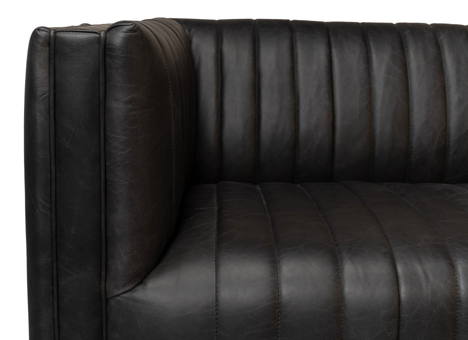Everett Sofa Modern Channel Tufted Black Leather Couch