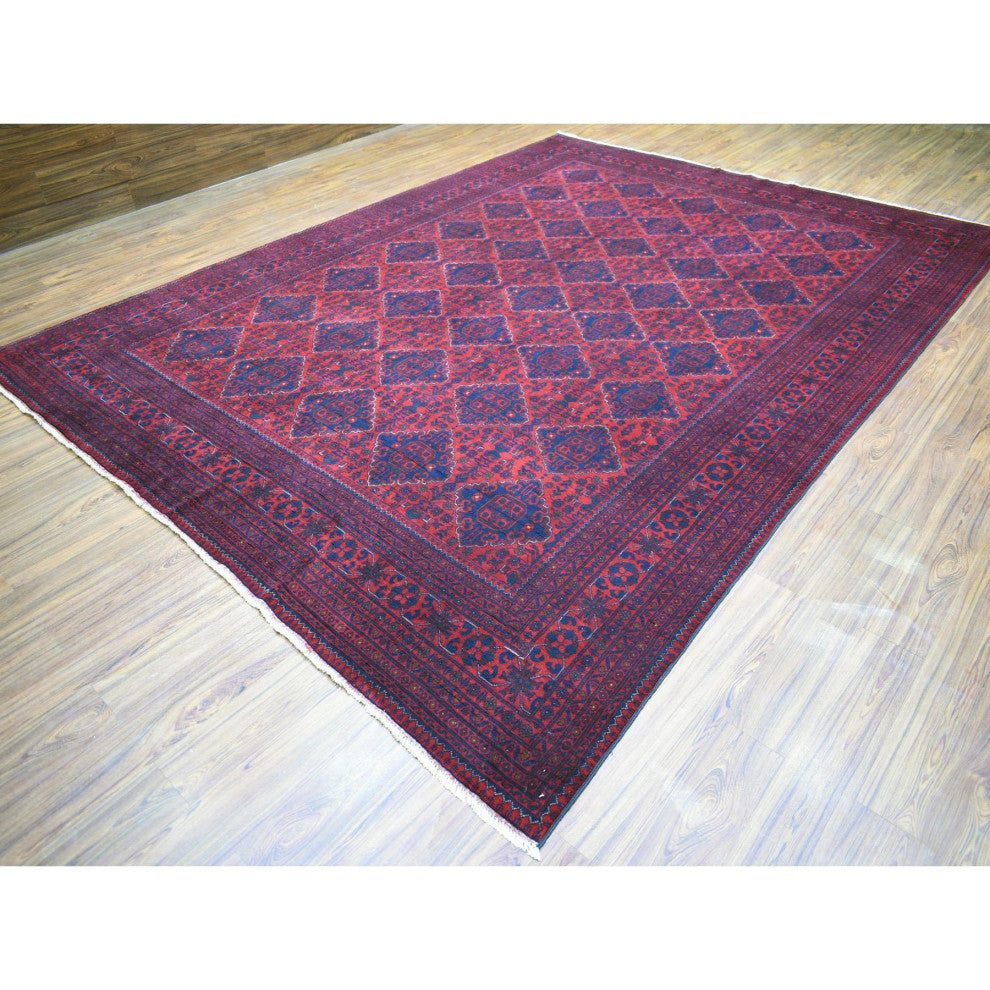 Deep and Saturated Red, Hand Knotted Afghan Khamyab Pure Wool Rug, 9'7"x12'9"