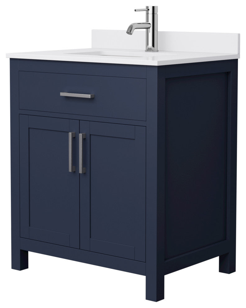 30"SGL Vanity Dark Blue, White Cult. Marble Countertop, Sink, Nickel Trim