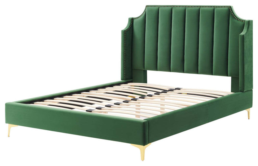 Platform Bed Frame, Queen Size, Velvet, Green, Modern Contemporary, Bedroom