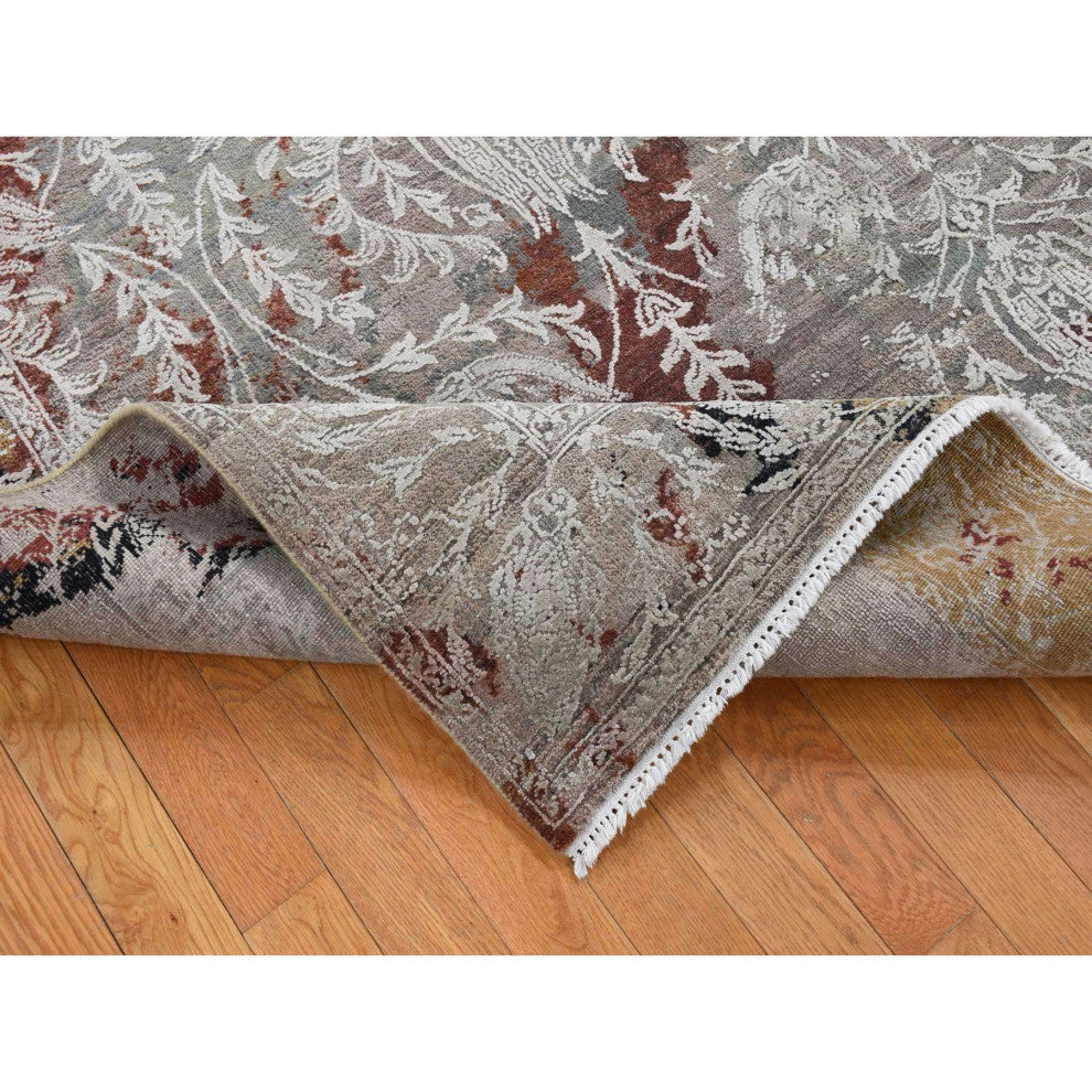 Stone Gray, Broken Tulip Design, Silk With Wool, Hand Knotted Rug, 5'2"x7'1"