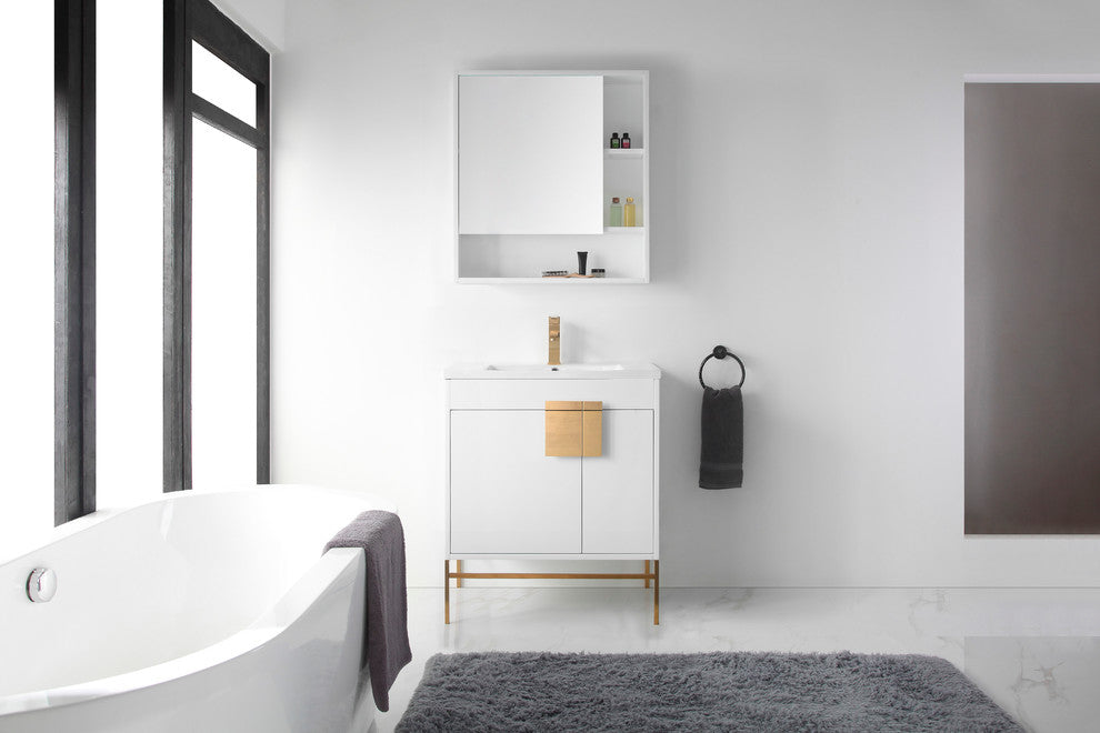 Modern White Bathroom Vanity Set, Satin Brass Hardware, Vireous China Sink Top