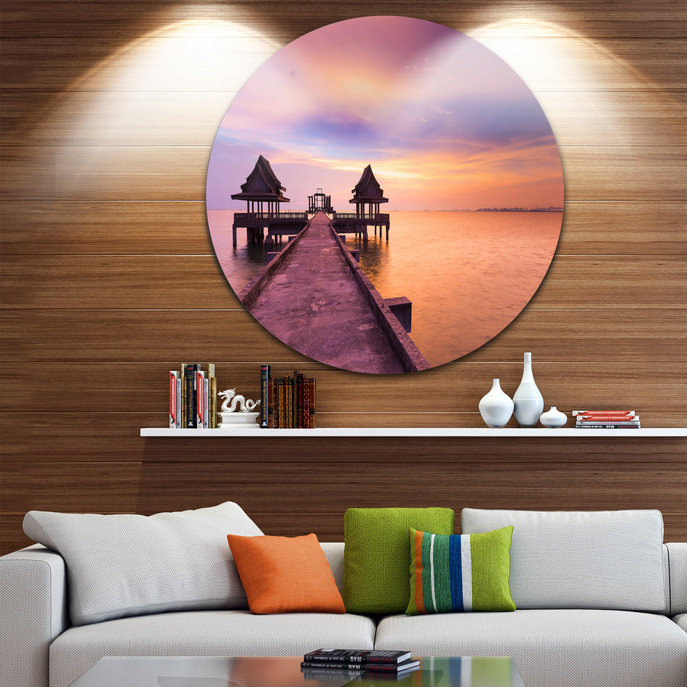 Walking Path To Abandoned Temple, Sea Bridge Round Metal Wall Art, 11"