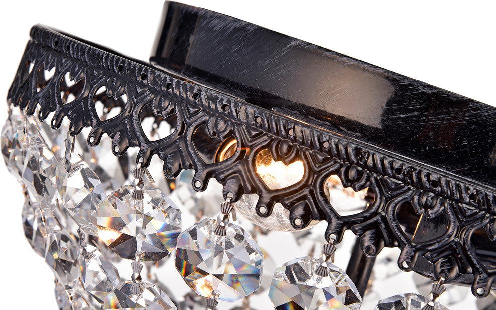 3-Light Antique Black and Crystal Bowl Shade Flushmount