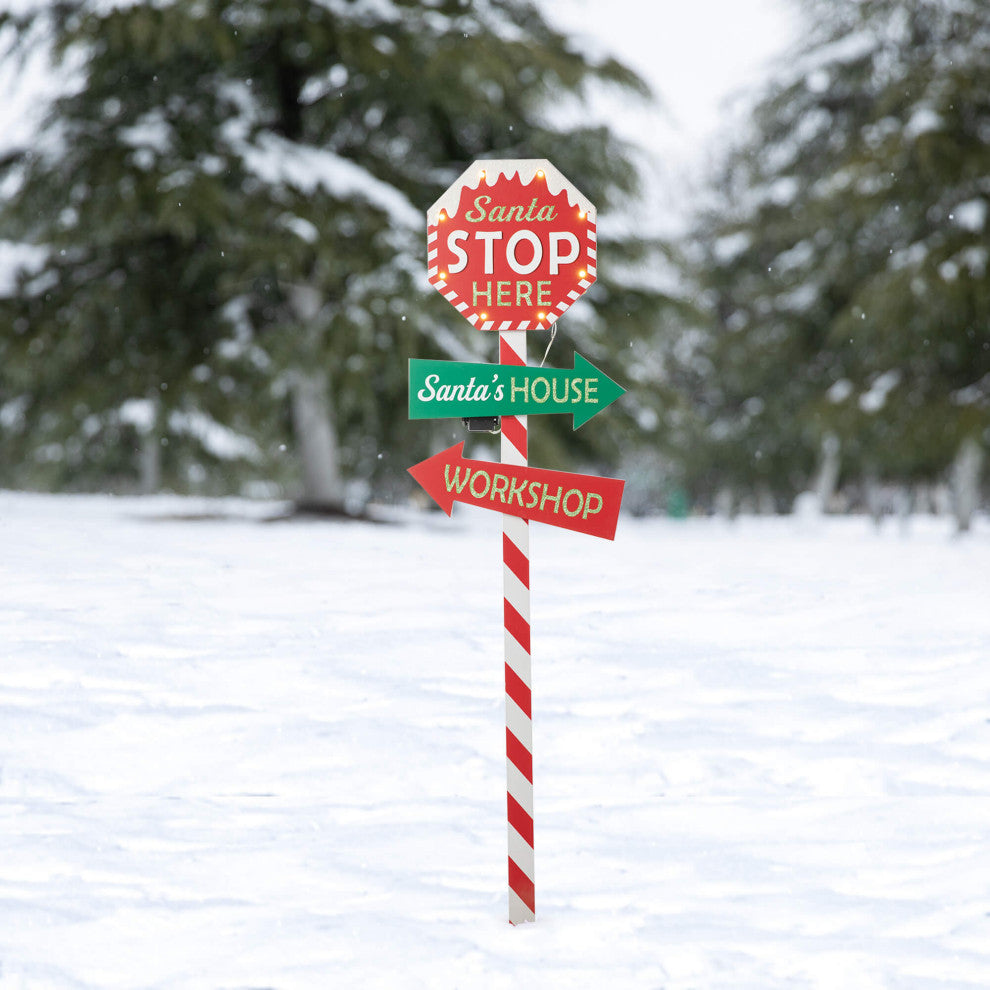 41.75"H Lighted Wooden "Santa Stop Here" Yard Stake
