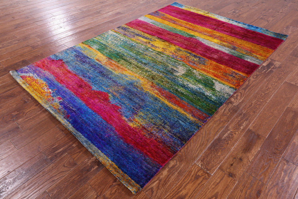 Abstract Hand-Knotted Silk Rug 5' 5" X 8' 2" - Q13093