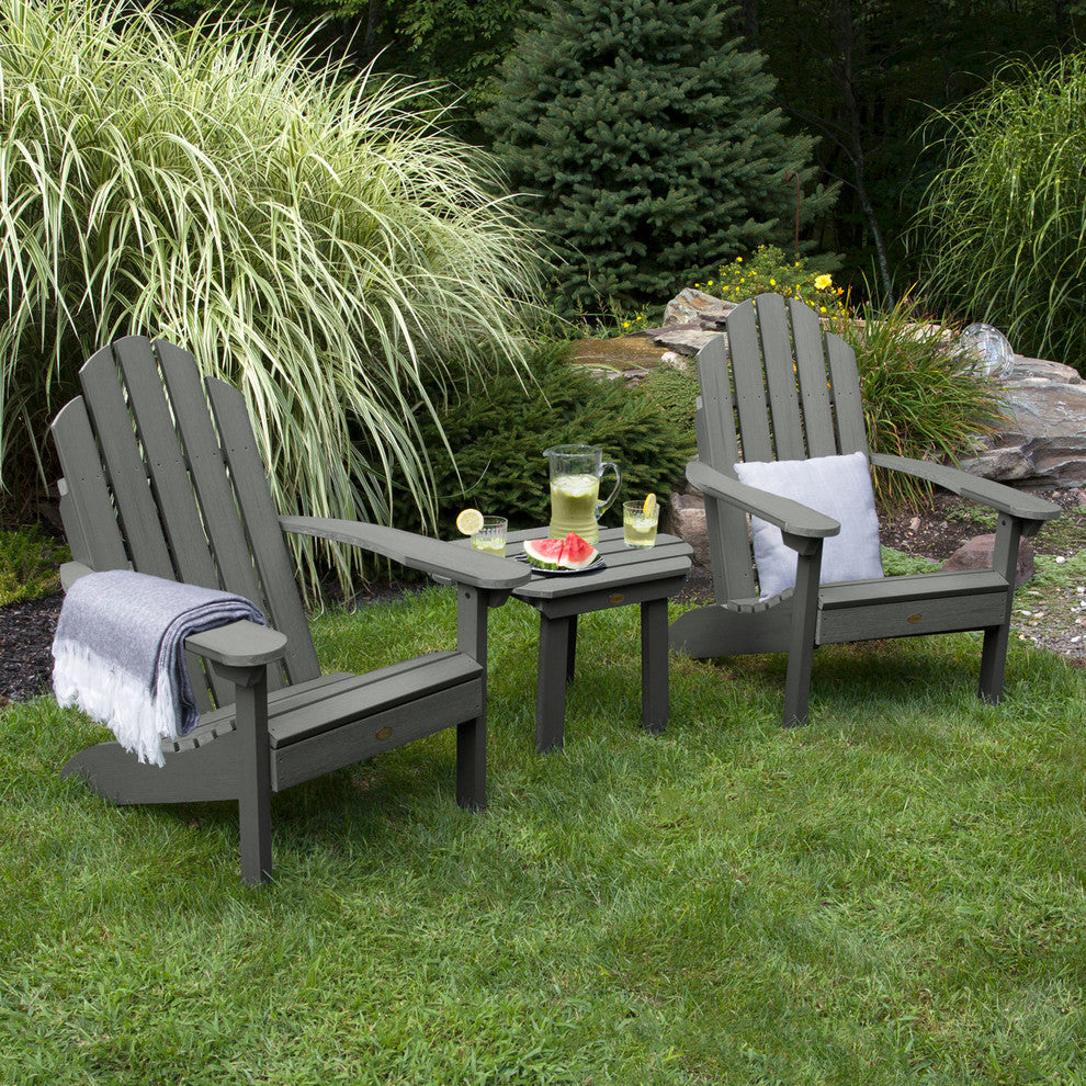 2 Classic Westport Adirondack Chairs with Side Table, Coastal Teak