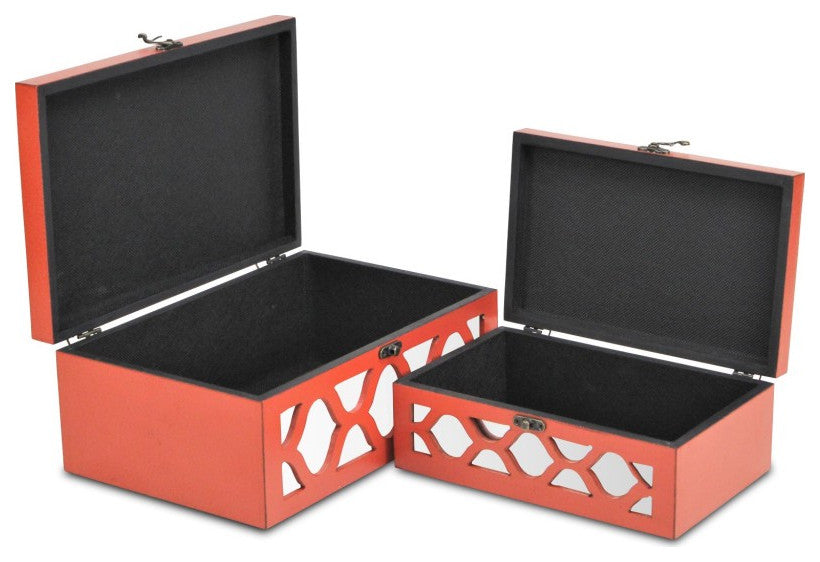 Set of Coral Quatrefoil Mirror Jewelry Storage Boxes