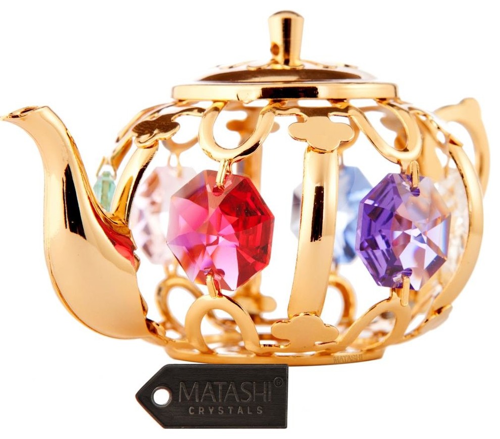 24K Gold Plated Teapot With Multicolored Crystals Ornament