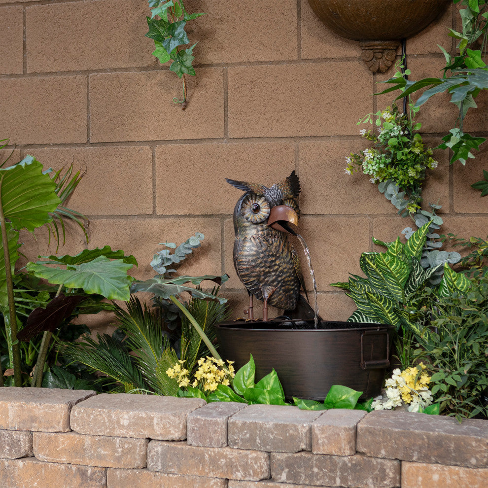Alpine Metal Owl on a Tin Fountain, 23" Tall