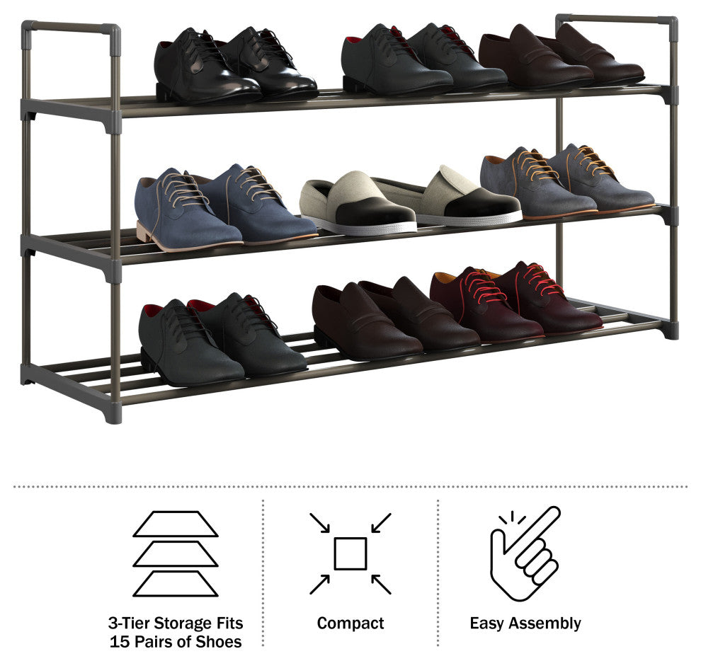 Shoe Rack 3-Tier Shoe Organizer for Closet, Bathroom, Entryway Holds 15 Pairs