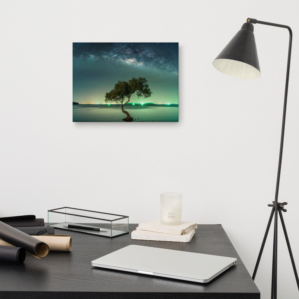 Glowing Milky Way Galaxy with Tree Canvas Wall Art Prints, 12" X 16"
