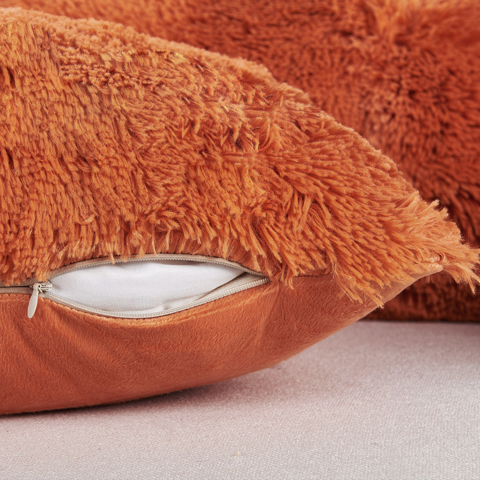 Shaggy Faux Fur Pillow Cover, Burnt Orange, Set of 2, 26"x26"