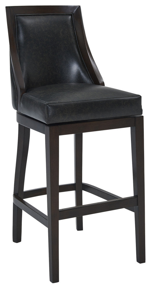 Presley 30" Bar Height Swivel Barstool In Espresso Finish, Onyx Faux Leather