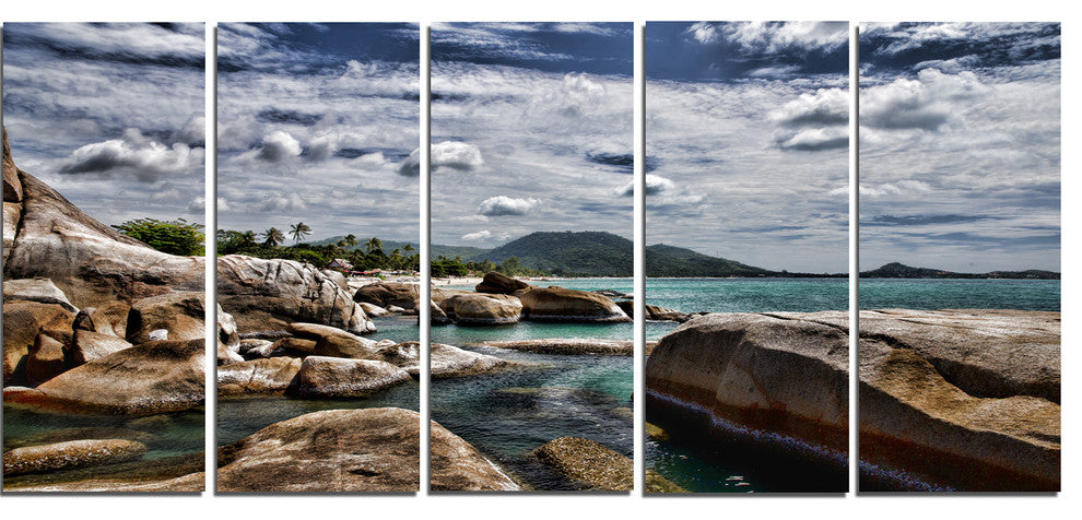 Rocky Beach with Dramatic Sky, Large Seashore Canvas Print, 60"x28", 5 Panels