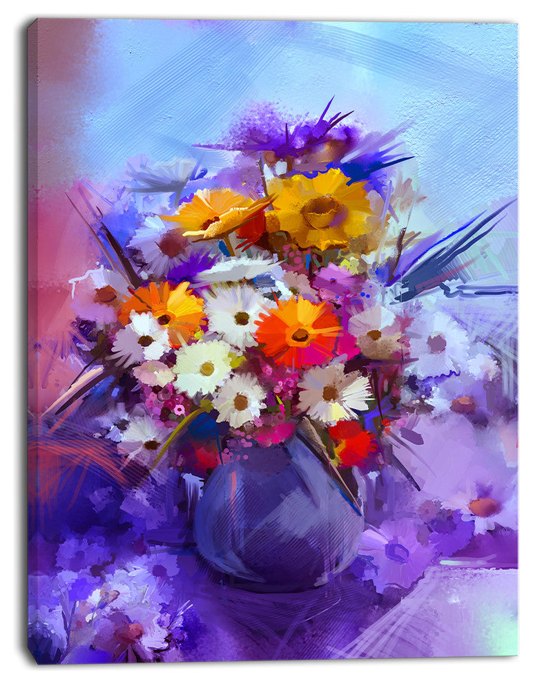 Watercolor Flowers in Purple Vase, Large Floral Canvas Artwork, 12"x20"