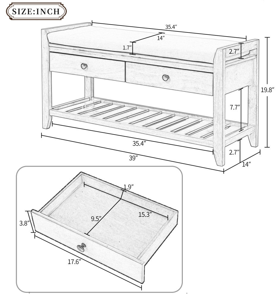 TATEUS 39" Entryway Storage Bench With Shoe Rack and Cushioned Seat, Espresso