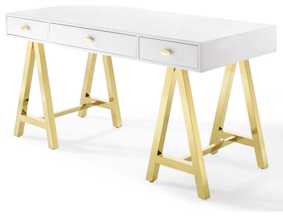 Computer Work Desk Entry Table, Wood, Metal, Gold White, Home Business Office