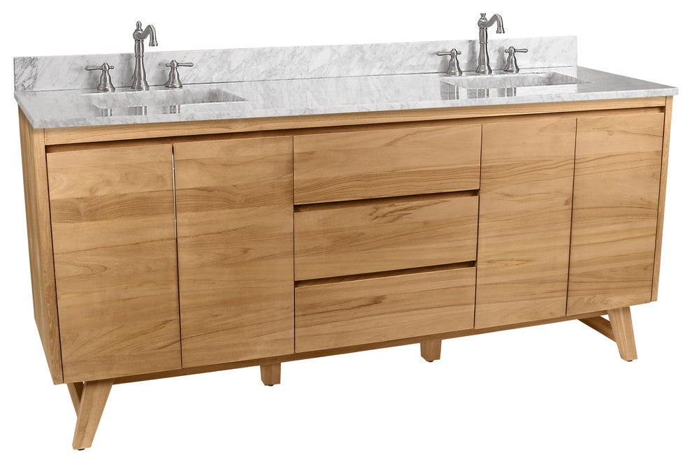 Avanity Coventry 73" Bath Vanity Combo, Natural Teak Finish, Carrara White Marble Top