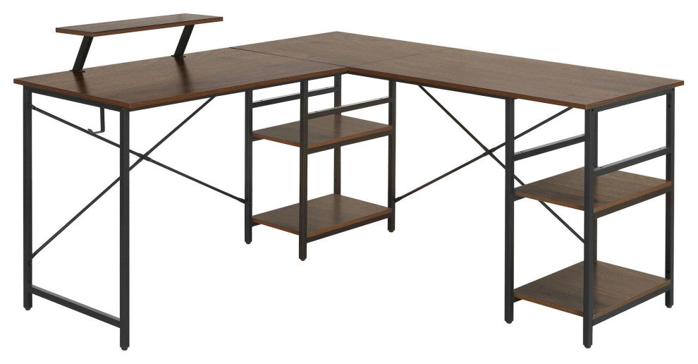 Techni Mobili L-Shape Industrial Desk with storage shelves, Walnut