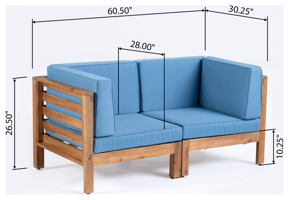 GDF Studio Dawson Outdoor 2-Seater Acacia Wood Sectional Loveseat Set, Blue