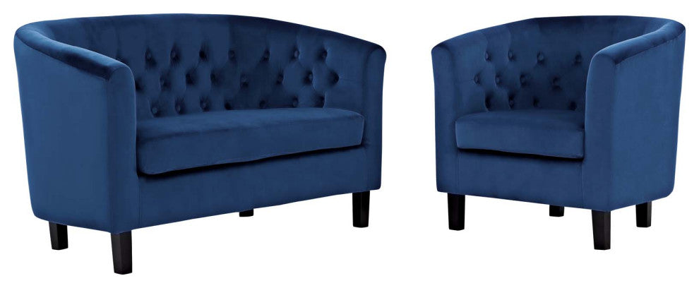Prospect 2 Piece Velvet Loveseat and Armchair Set, Navy