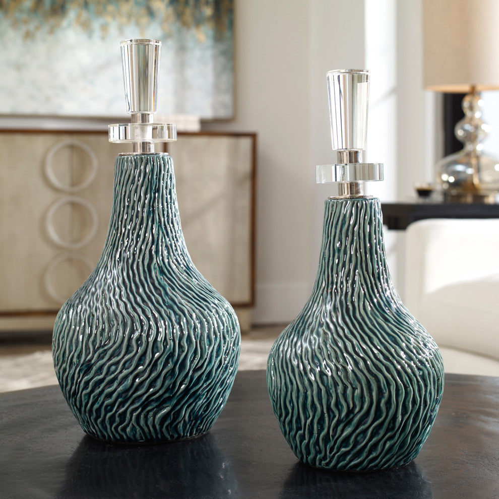 Uttermost Almera Dark Teal Bottles, 2-Piece Set