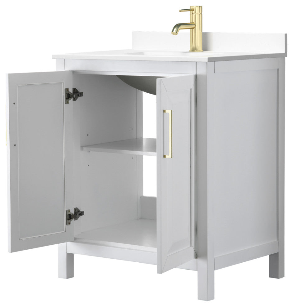 30" Single Bath Vanity, White, White Cult. Marble Countertop, Sink, Gold Trim