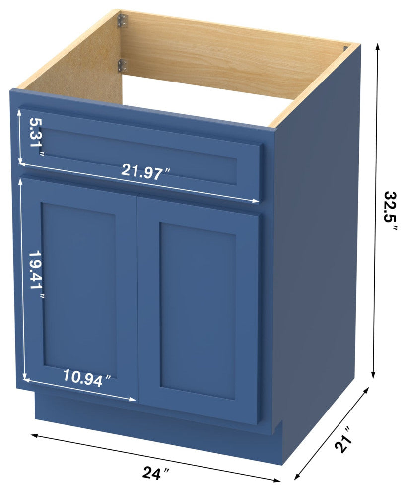 Vanity Art Vanity Base Cabinet, No Top, 24", Blue