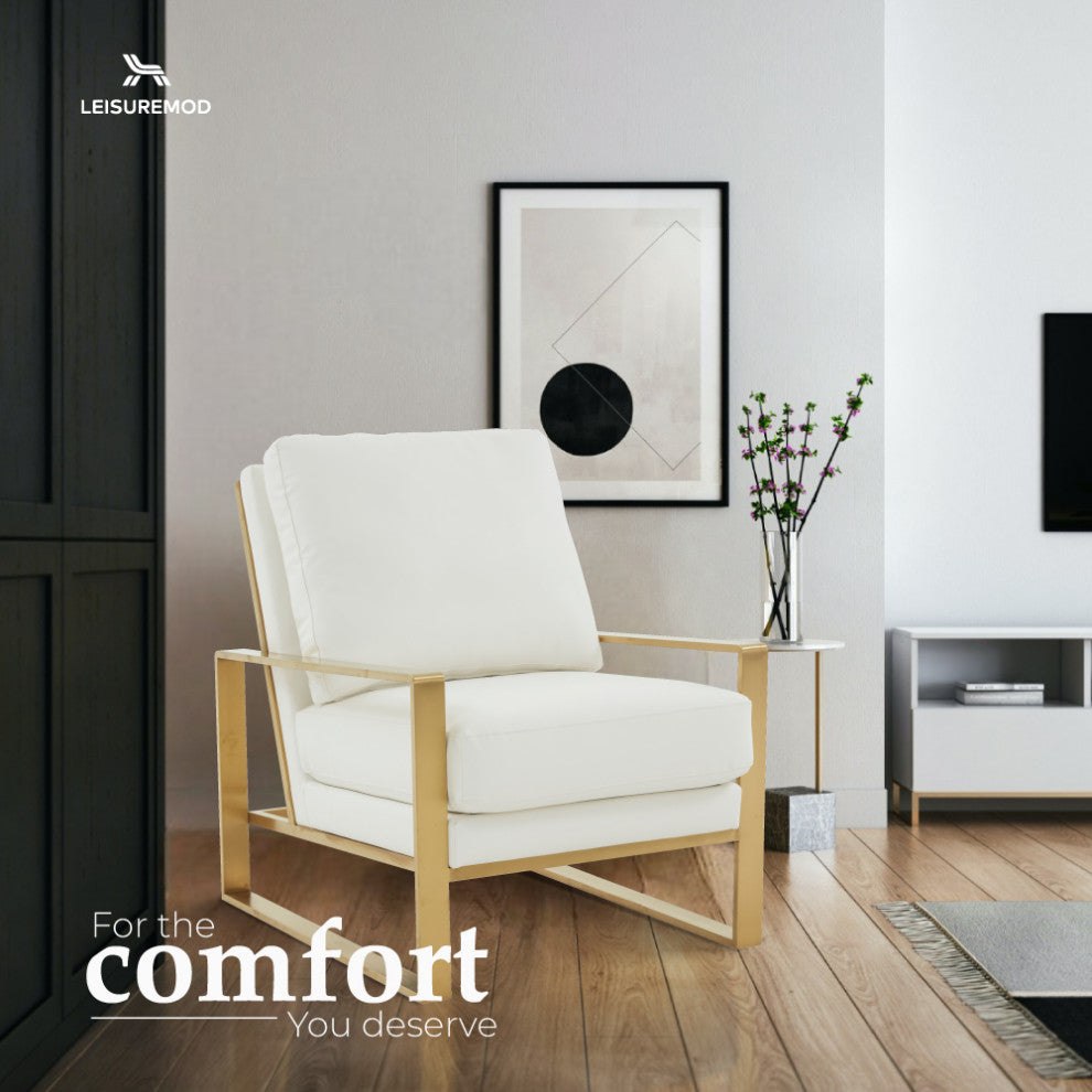 LeisureMod Jefferson Faux Leather Accent Armchair With Gold Frame, White