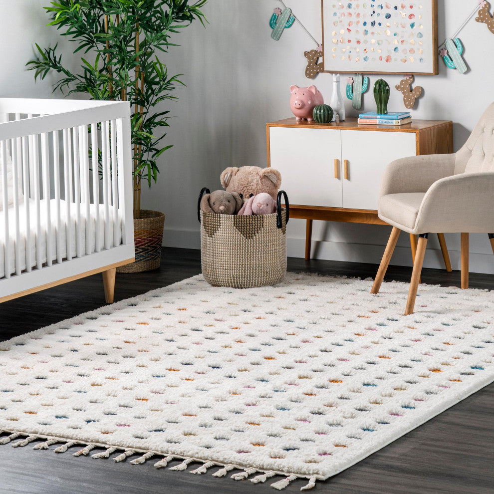 Nuloom High-Low Polka Dot Tassel Contemporary Kids Shag Rug, Off White 4'X6'